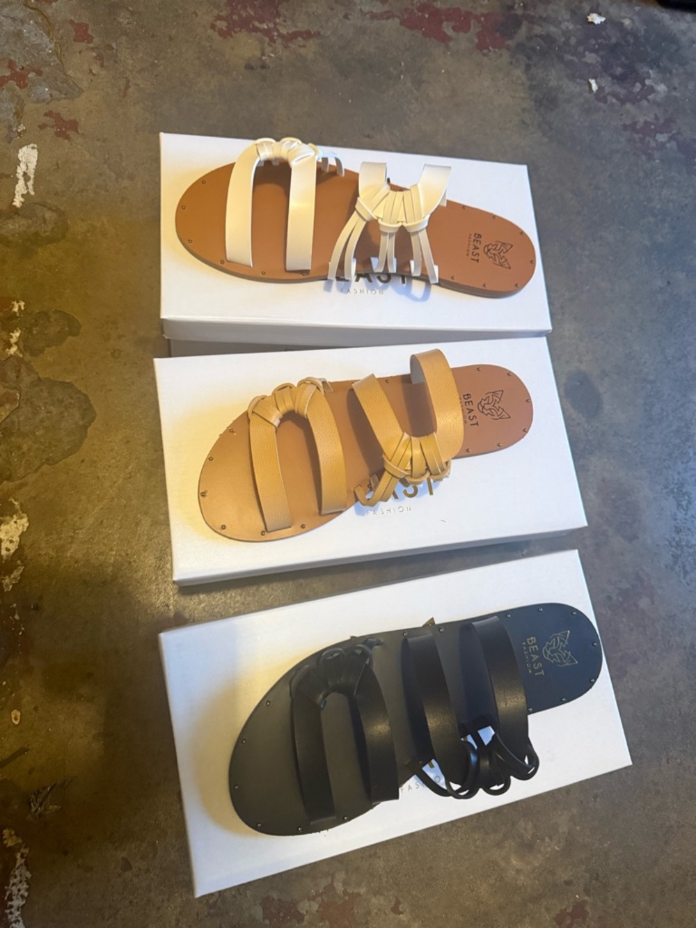 BEAST FASHION White, Tan & Black Strappy Flat Sandals